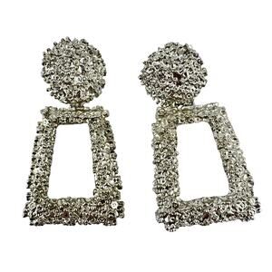Vintage Large Nugget Texture Silver Tone Geometric Door Knocker 2.75" Earrings